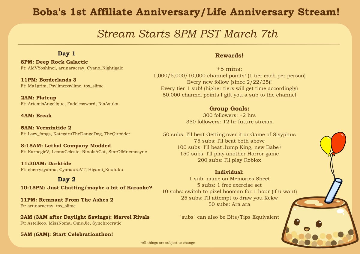 I'm doing a big stream for my affiliate/Life Anniversary! It's gonna be quite the stream with a lot but not all, of the friends I've met along the way. We all know that that's what it's all about :) So check them all out and if your free these days, you should drop by!