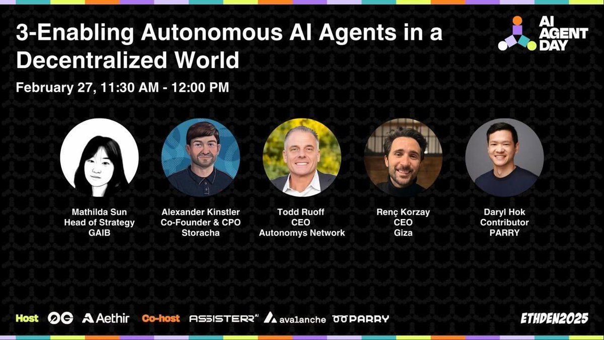 0G_labs's tweet photo. AI is going onchain 🤖

Join us for our second AI Agent Day panel at @EthereumDenver, breaking down what it takes to enable fully autonomous AI agents 👀

With @Mathilda_Sun_ of @gaib_ai, Alexander Kinstler of @storachanetwork, Todd Ruoff of @AutonomysNet, @renckorzay of @gizatechxyz, & Daryl Hok of @parrychainai.

🗓️ Feb 27 | ⏰ 11:30 AM
🔗 RSVP → https://t.co/tvczkHLWR0