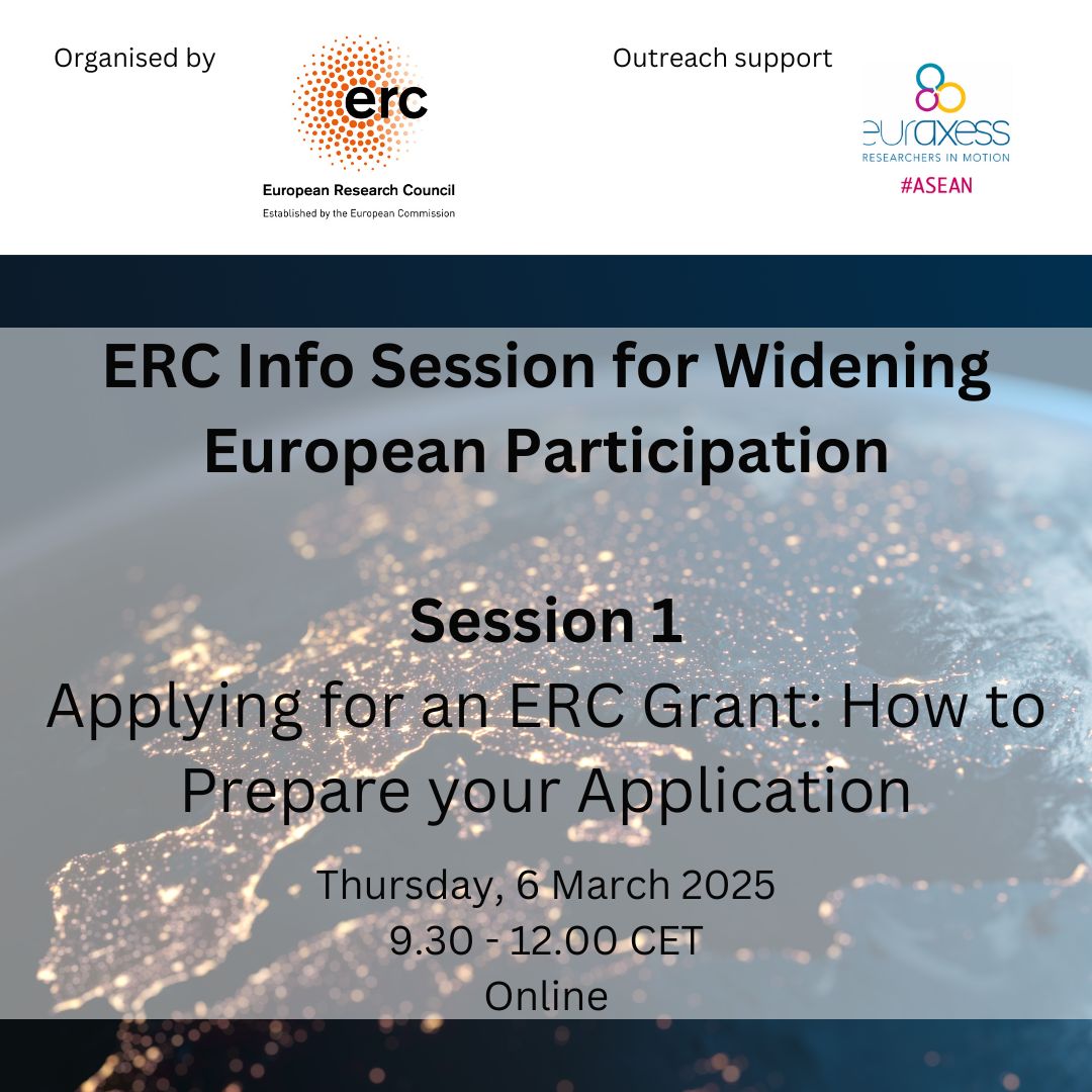 @EuraxessASEAN (@euraxessasean) on Twitter photo 🤔Thinking of applying for an #ERC grant? Need guidance on crafting a successful proposal and navigating the application process?
Join the upcoming <a href="/ERC_Research/">European Research Council (ERC)</a> info sessions on 6 & 12 March 2025!
👉Register here: tinyurl.com/yntvcbar 🤔Thinking of applying for an #ERC grant? Need guidance on crafting a successful proposal and navigating the application process?
Join the upcoming <a href="/ERC_Research/">European Research Council (ERC)</a> info sessions on 6 & 12 March 2025!
👉Register here: tinyurl.com/yntvcbar