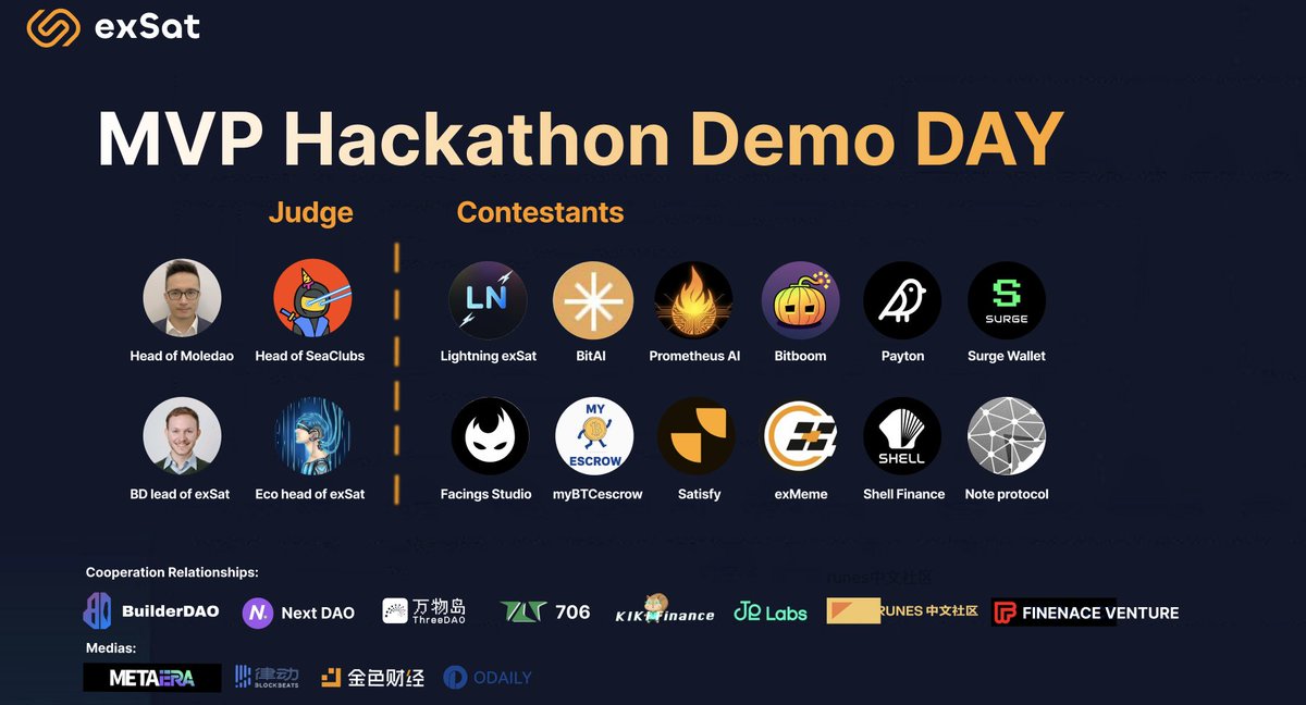 exSat’s MVP Hackathon is underway with Demo Day coming up! 

Contestants will share their MVP projects to our judges <a href="/_0xSea_/">0xSea</a>, <a href="/Allan_MoleDao/">Allan Fang</a>, and exSat’s Stephen Diesel and Joshua Mars at a private meetup. 

Winners will receive the opportunity receive significant funding,