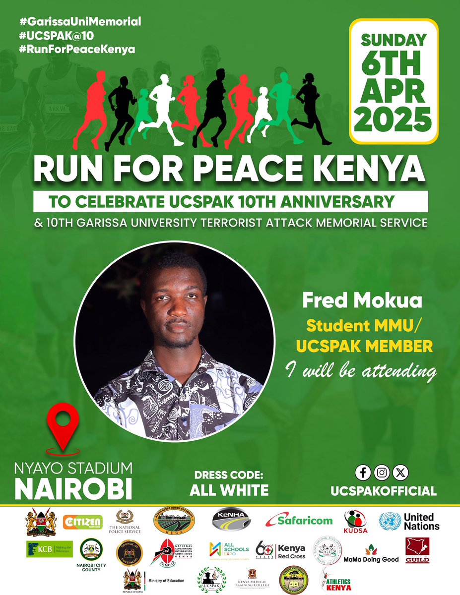 mokuafreddie's tweet photo. Register for the Run for Peace happening on 4th 6 2025, at Nyayo Stadium as we mark 10yrs of UCSPAK and honor Garissa University heroes. Let’s come together to stand for peace and remembrance
Nyayo Stadium Nrb. 1stride at a time
#RunForPeaceKenya #GarissaUniMemoria #UCSPAK@10 https://t.co/qbeVXK2xe1