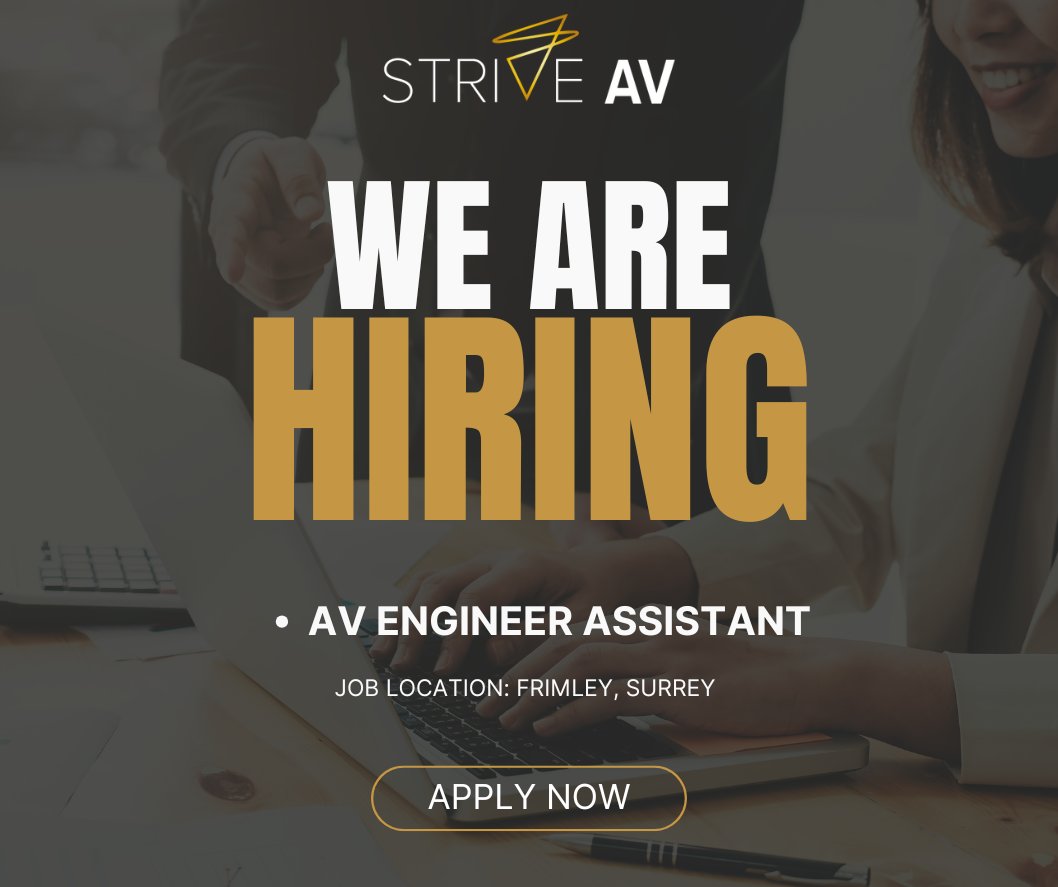 We’re hiring! #StriveAV is looking for two AV Engineer Assistants close to the #Frimley, Surrey area, to join our team. Think this role could be for you? Find out more on our website &amp; #apply today!

bit.ly/3DekQZ1

#Vacancies #AVJobs #AVProfs #AVEnginner #Assistant