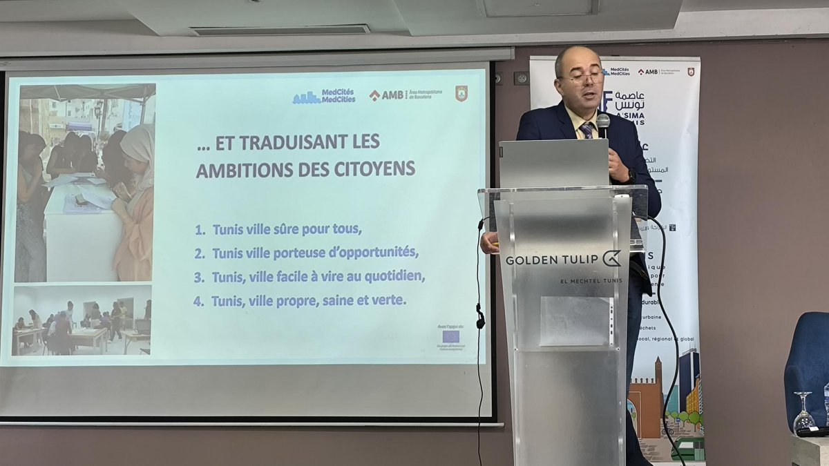 MedCities's tweet photo. (4) 🗣️ Pour le discours de bienvenue nous avons compté avec Mme Labidi, Présidente de l’Instance Générale de Prospection et d’Accompagnement de Processus Décentralisé, M. Dachraoui, le SG de la municipalité de #Tunis et M. Canals Molina, SG de #MedCités. #SDVT #ODD #stratégie https://t.co/qGNI1DEPcY