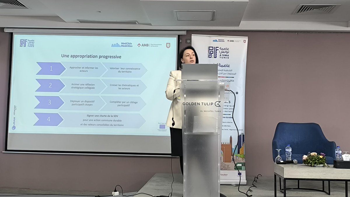 MedCities's tweet photo. (4) 🗣️ Pour le discours de bienvenue nous avons compté avec Mme Labidi, Présidente de l’Instance Générale de Prospection et d’Accompagnement de Processus Décentralisé, M. Dachraoui, le SG de la municipalité de #Tunis et M. Canals Molina, SG de #MedCités. #SDVT #ODD #stratégie https://t.co/qGNI1DEPcY