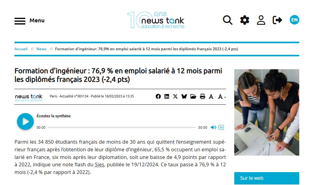 #Diplômés

 #Insertion des #ingénieurs diplômés 
📌 76,9 % en emploi salarié en France à 12 mois
📌 82,5 % des diplômés insérés en CDI
📌 Un salaire médian supérieur aux diplômés d’université et d'autres établissements

 Plus de détails sur 🔗education.newstank.fr/article/view/3…