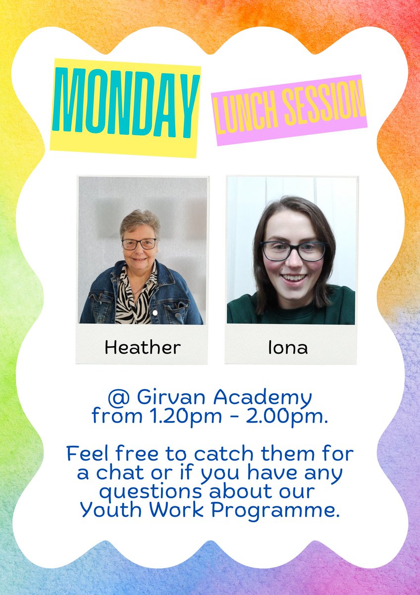 LUNCH SESSION 🥪 

Heather &amp; Iona will be at Girvan Academy from 1.20pm - 2.00pm, feel free to grab them for a chat 🗣 #SchoolBasedEngagement