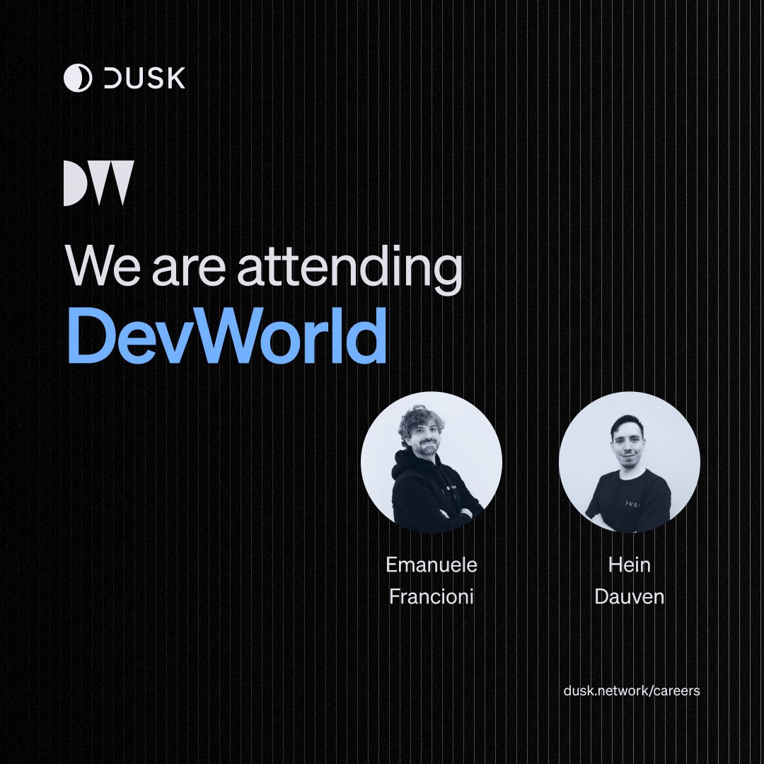 Dusk (@duskfoundation) on Twitter photo See you at <a href="/devworld_conf/">DEVWorld Conference</a>!
Our CEO Emanuele Francioni (<a href="/Autholykos/">Emanuele Francioni</a>) and CTO Hein Dauven (<a href="/HeinDauven/">Hein Dauven</a>) are speaking at DevWorld on Friday 28th Feb!
We're looking forward to meeting all the developers and builders from web3 and beyond! See you at <a href="/devworld_conf/">DEVWorld Conference</a>!
Our CEO Emanuele Francioni (<a href="/Autholykos/">Emanuele Francioni</a>) and CTO Hein Dauven (<a href="/HeinDauven/">Hein Dauven</a>) are speaking at DevWorld on Friday 28th Feb!
We're looking forward to meeting all the developers and builders from web3 and beyond!