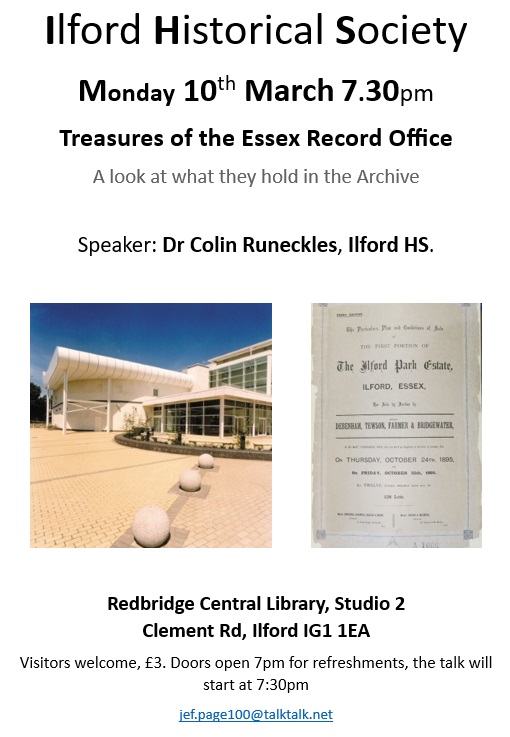 IlfordHistory's tweet image. ***News from the IHS***
Our next talk is one of mine where I will be speaking about the @essexarchive and what they hold there - in particular what relates to Ilford, and a few documents for Wanstead, & Woodford.
Usual time & place on Monday 10th March 2025.