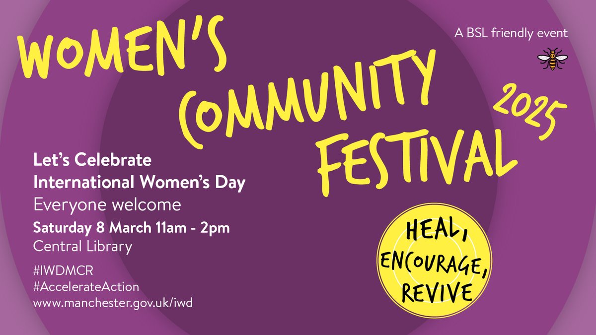 📅 We're celebrating International Women's Day a bit differently this year.  
 
Join us to celebrate our BeHER: Women’s Community Festival 8 March at Central Library. 💪 
 
Find out more here orlo.uk/IWD_Manchester… 

#IWD2025 #InternationalWomensDay #AccelerateAction