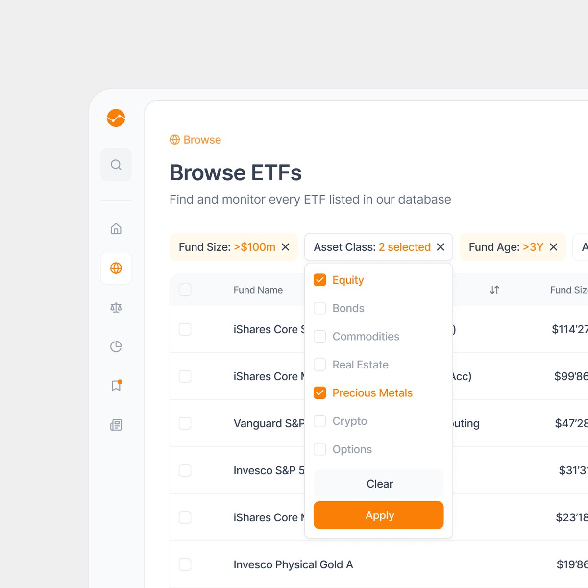Dropdown - asset class filter