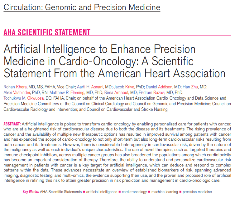 AHA Science (@ahascience) on Twitter photo This statement examines how artificial intelligence (AI) can be utilized to enhance risk prediction models in cardio-oncology, advancing the field toward precision medicine.
✍🏼 <a href="/rohan_khera/">Rohan Khera</a> <a href="/AartiAsnaniMD/">Aarti Asnani</a> <a href="/md_addison/">Daniel Addison, MD</a> <a href="/Avasbind/">Alexi Vasbinder, PhD, RN</a> <a href="/rimajamal99/">Rima arnaout</a> <a href="/DrTochiOkwuosa/">Tochi Okwuosa #GlobalEquityinHealth #CardioOnc</a> This statement examines how artificial intelligence (AI) can be utilized to enhance risk prediction models in cardio-oncology, advancing the field toward precision medicine.
✍🏼 <a href="/rohan_khera/">Rohan Khera</a> <a href="/AartiAsnaniMD/">Aarti Asnani</a> <a href="/md_addison/">Daniel Addison, MD</a> <a href="/Avasbind/">Alexi Vasbinder, PhD, RN</a> <a href="/rimajamal99/">Rima arnaout</a> <a href="/DrTochiOkwuosa/">Tochi Okwuosa #GlobalEquityinHealth #CardioOnc</a>