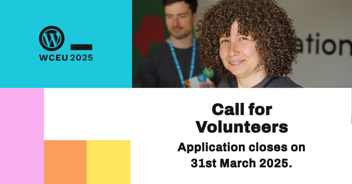 Become a volunteer at #WCEU2025. 
Select the team of your preference: Attendee Team, Media &amp; Communications Team, Community Team, Speakers Team, Local Team, Photography Team, Sponsors Team, Volunteers Team
Application closes on 31st March 2025.
Apply now bit.ly/4b6BC98