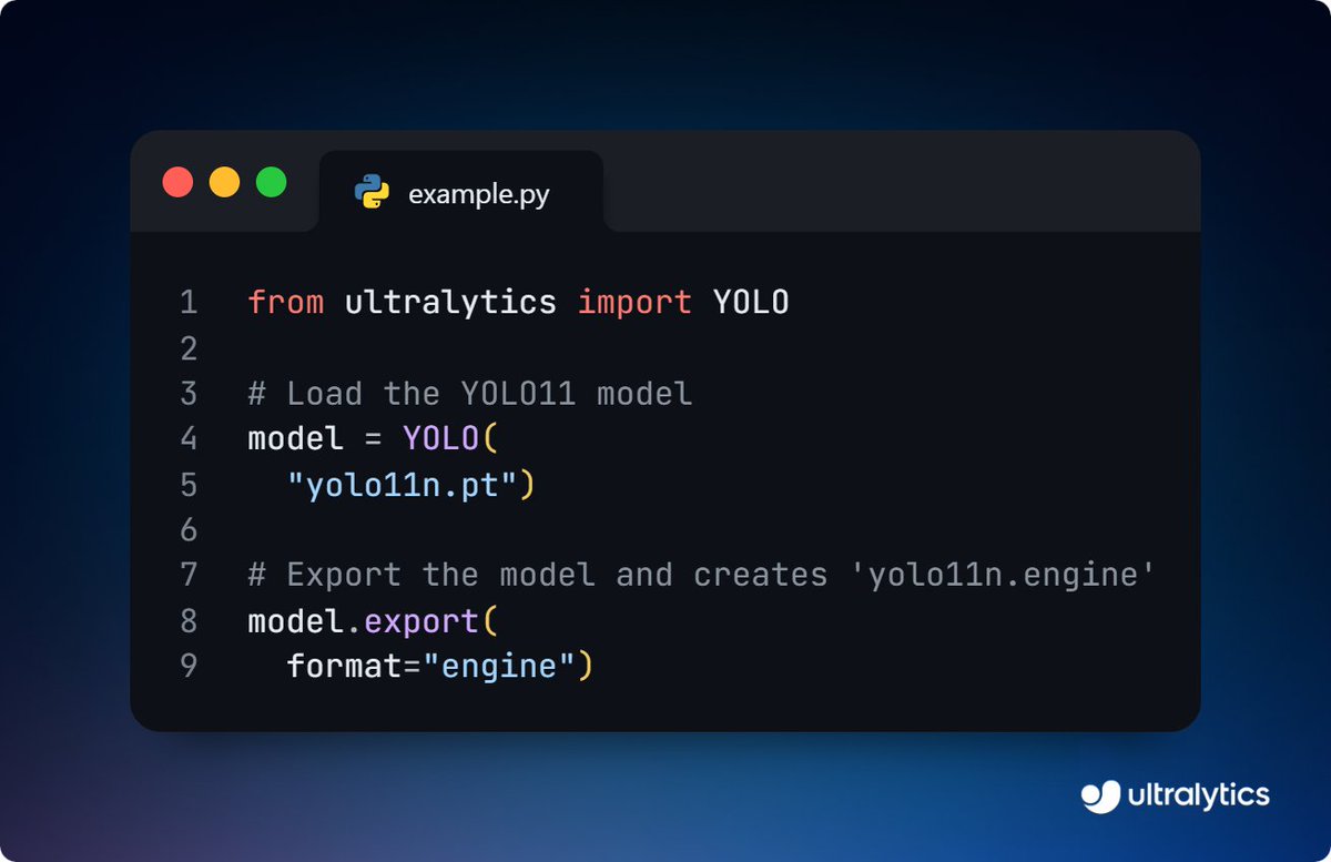 ultralytics's tweet image. Speed up Ultralytics YOLO11 inference with TensorRT export!⚡

Export YOLO11 models to TensorRT for faster performance and greater efficiency. It&apos;s ideal for running computer vision projects on edge devices while saving resources.

Learn more ➡️ ow.ly/Xu1f50UFUCm

#TensorRT