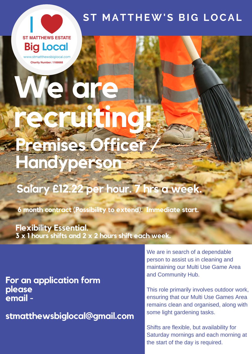 📢 We’re Hiring! 📢

Looking for a reliable person to help clean &amp; maintain our Multi-Use Games Area &amp; Community Hub! 🏀🌿

✅ Flexible shifts
✅ Outdoor work + light gardening
✅ Must be available Sat mornings &amp; early mornings
📩 Apply now: stmatthewsbiglocal@gmail.com