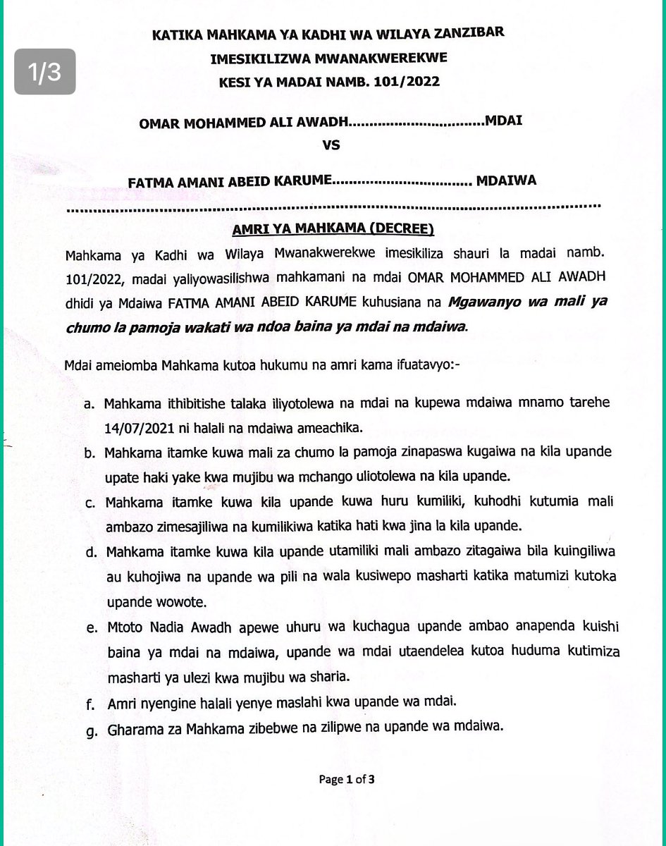 fatma_karume's tweet photo. Kwa wanaosema mimi ndiye niliyotaka kumdhulumu mtalaka mwenzangu hamko sahihi.
YEYE aliyetaka kunidhulumu mie akidhani SHERIA za Kiislamu zitambeba akanipeleka Mahakama ya Kadhi ZNZ kudai MALI yangu. Akashindwa.

Kadhi kagawa 50/50 la jengo tuliojenga japo kuwa nilitoa 75%. https://t.co/VZ1X6p63hP