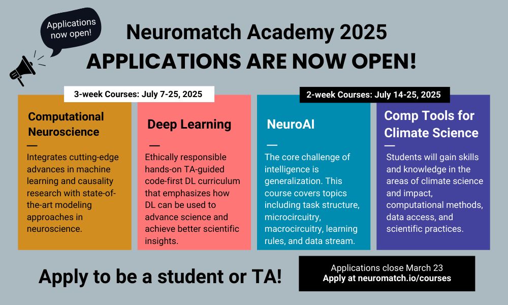 🚨 Neuromatch Academy Course Applications are OPEN for 2025!! 🚨

Get your application in early to be a student or teaching assistant for this year’s courses. 
Applications are due Sunday, March 23 at midnight in your local time zone. 

Apply &amp; learn more: buff.ly/3PaEQys