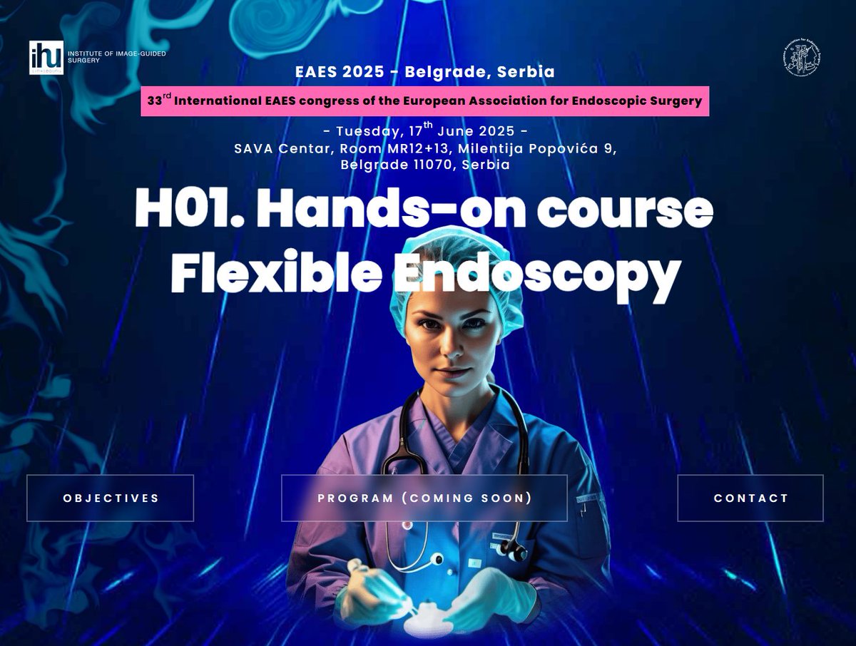 🚀H01. Hands-on Course: Flexible Endoscopy – <a href="/EAES_eu/">EAES</a> 2025🚀
Master flexible endoscopy with top experts! Join 20 participants for an exclusive hands-on training at EAES 2025 in Belgrade.
👨‍⚕️ Prof. Silvana Perretta (IHU Strasbourg)
🔗 eaes.eu
