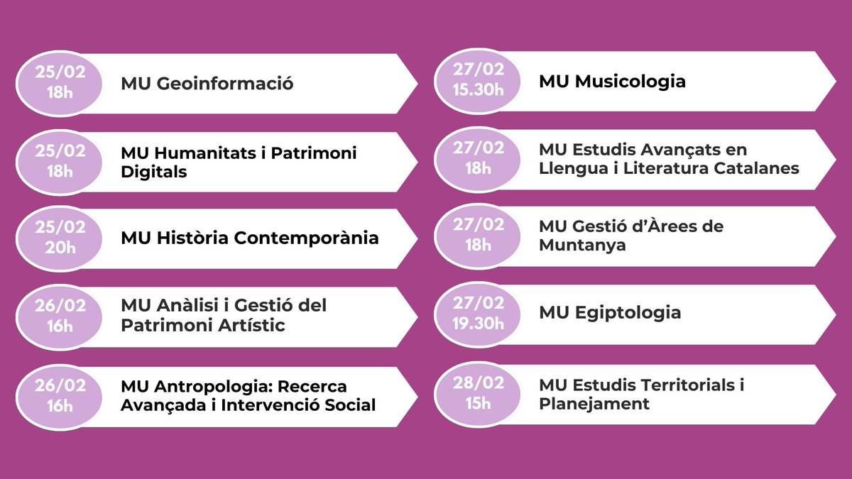 💻📙Del 24 al 28 de febrer es celebra la 1a Fira Virtual de Màsters Postgraus i Doctorats

🔗Enllaç al formulari d'inscripció: forms.office.com/Pages/Response…