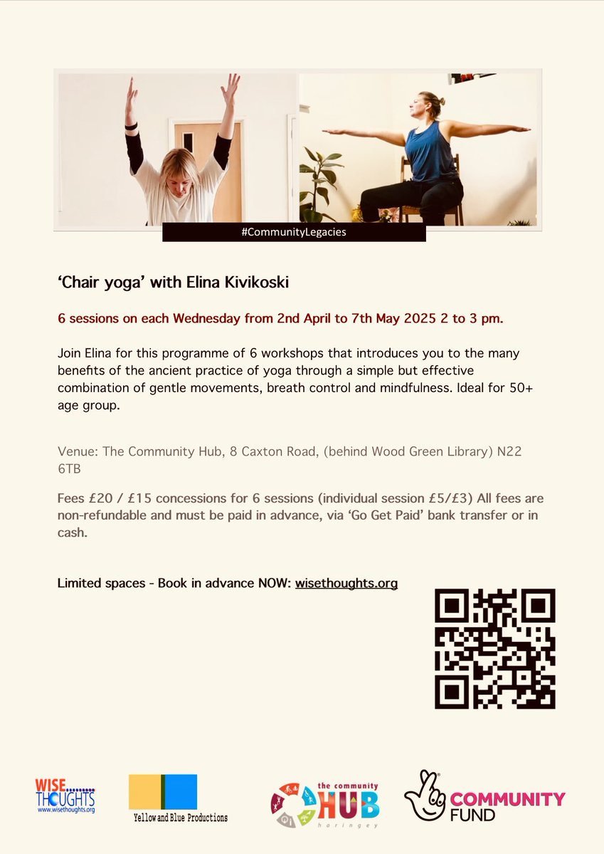 New Worshops - Starting in April, booking open NOW ‘Yoga for Every Body’ with Elina <a href="/TCHubHaringey/">TheCommunityHub-Haringey</a> 
6 sessions on each Wednesday from 2nd April to 7th May 2025 / 2 to 3pm