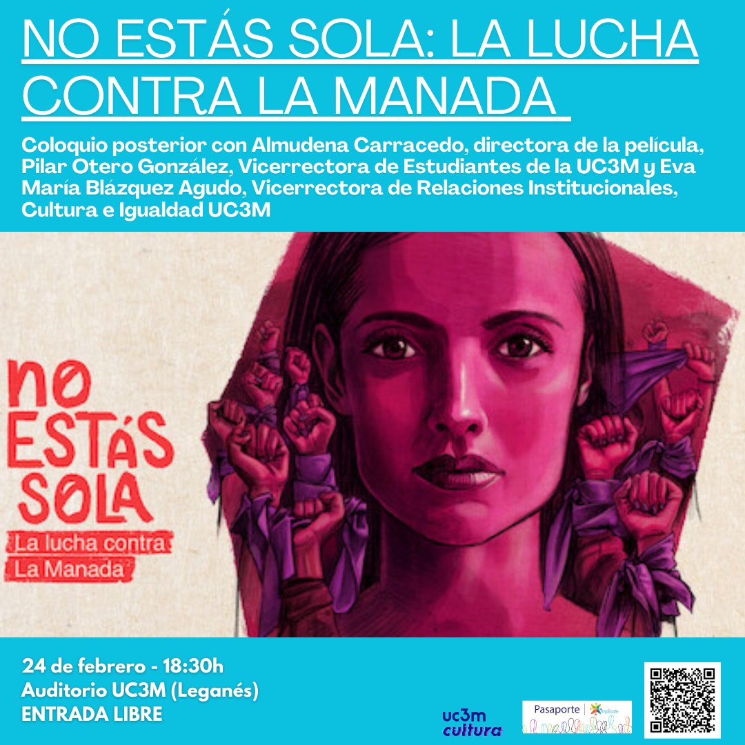 Hoy da comienzo el ciclo de cine en conmemoración al 8 de marzo #DiaInternacionalDeLaMujer". Esta tarde se proyecta "No estás sola: la lucha contra la manada" de Almudena Carracedo y Robert Bahar. ¡Entrada libre!
+Info: cultura.uc3m.es/eventos/no-est… <a href="/uc3m/">UC3M</a> <a href="/div_igualuc3m/">Unidad de Igualdad y Diversidad uc3m</a>