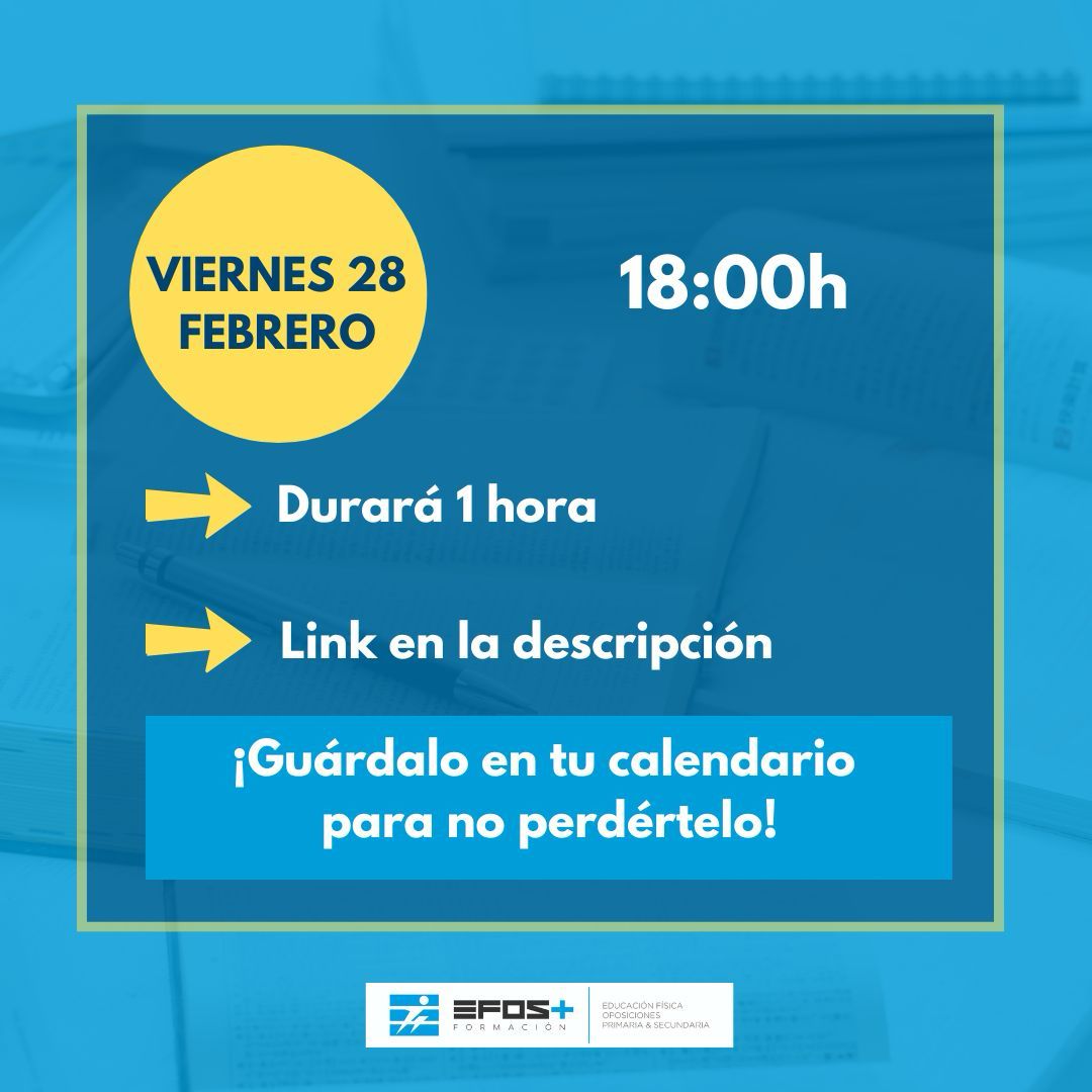 📣WEBINAR GRATUITO – OPOSICIONES PRIMARIA 2026 ✨
🌍 CCAA: Comunidad Valenciana, Murcia, Madrid y Castilla-La Mancha
🗓️ Viernes 28 de febrero | 18:00h (duración: 1h)
💡 Descubre nuestra metodología y resuelve tus dudas en directo.
✅ ¡Reserva la fecha y no te lo pierdas!
➕info⬇️