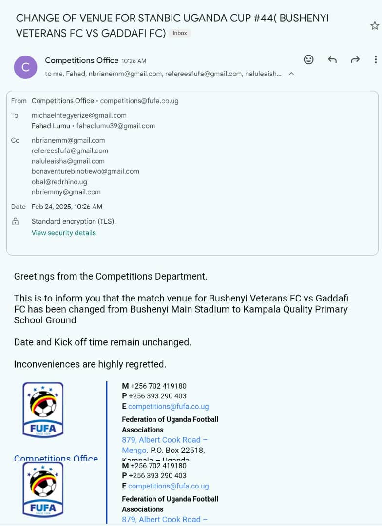 Good afternoon,
Our match Venue with Gaddafi fc @GaddafiFC  has been changed to Kampala Quality Primary School Ground because Bushenyi Main Stadium will be used for official Government duties. <a href="/WesternRegionFA/">Western Region Football Associations</a> <a href="/FUFAUgandaCup/">Stanbic Uganda Cup</a>