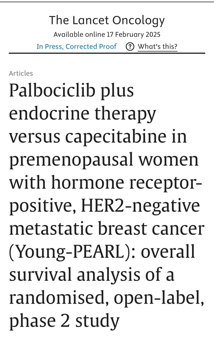 Out in <a href="/TheLancetOncol/">The Lancet Oncology</a> the OS results of the Young-PEARL trial

With longer f.u., palbo + exemestane with OFS continued to show a significant benefit in PFS vs. capecitabine in premenopausal patients with HR+, HER2-neg mBC

No OS benefit

<a href="/OncoAlert/">OncoAlert</a> 

sciencedirect.com/science/articl…