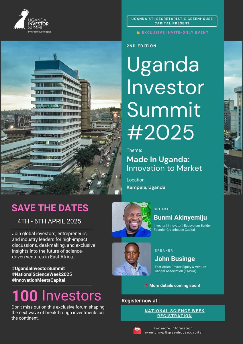 "Uganda Investor Summit 2025 is here! 🌍

Join 100+ investors, entrepreneurs, and industry leaders in Kampala from April 4th - 6th, 2025, as we explore the theme ""Made in Uganda: Innovation to Market.""

Register now: tally.so/r/mOYOv7

#ugandainvestorsummit #investment