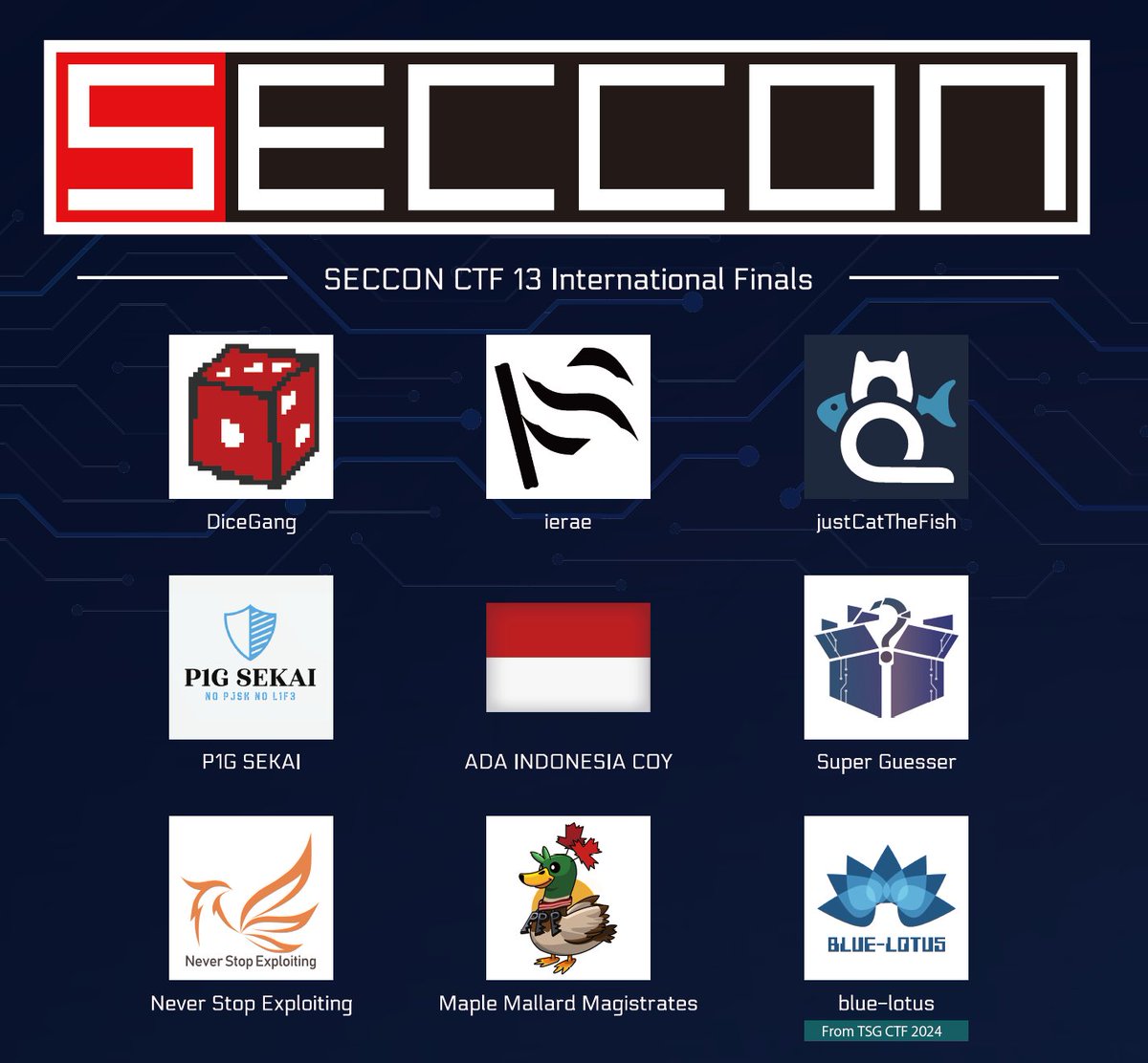secconctf's tweet image. 🔥SECCON CTF 13 International Finalists🔥
Intrnational Final round: March 1-2, 2025 (JST). See image for finalists. We look forward to welcoming all the teams in person. See you in Japan! 🇯🇵
#SECCON
