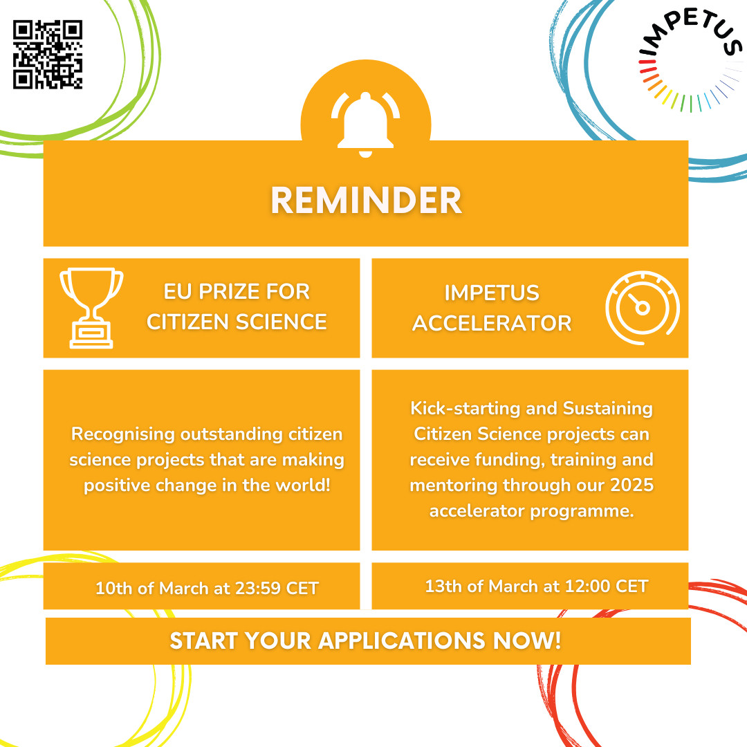 impetus4cs's tweet image. 📢 A friendly reminder: there are just a few weeks left to submit your proposals for the 3rd and final #IMPETUS call for #CitizenScience projects!

Visit our website to learn more about how!

🔗 impetus4cs.eu/opencall/

#Funding #EUScience