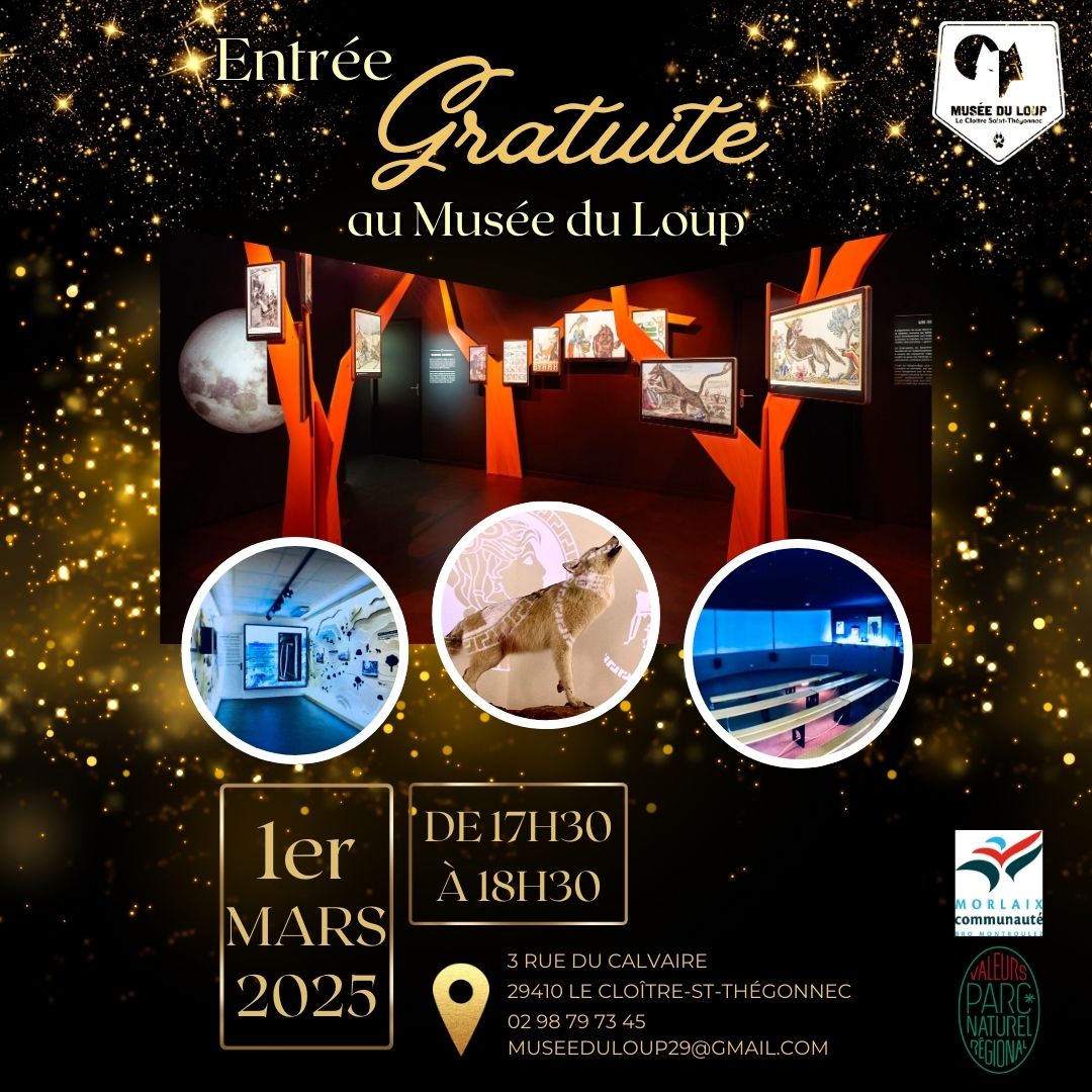 Afin de célébrer l'ouverture du Bistrot du Cragou, le Musée du Loup ouvrira GRATUITEMENT ses portes le samedi 1er mars de 17h30 à 18h30 !

Venez découvrir le loup, si inspirant et si différent du Grand Méchant Loup des contes... #museeduloup #loup #finistere #montdarree