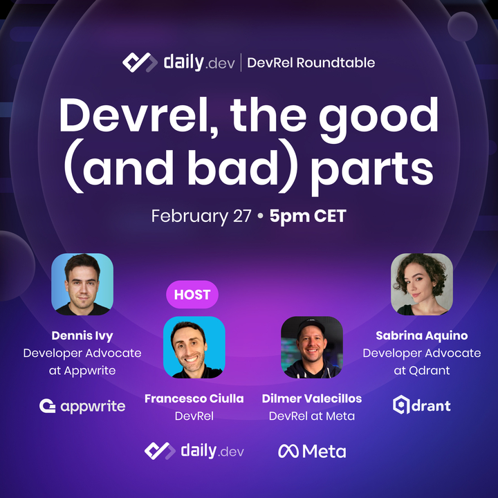 daily.dev (@dailydotdev) on Twitter photo Is DevRel a blessing or a curse?
Join us for an exciting live event where top developer advocates explore the highs and lows of Developer Relations!
Link below
Featured Speakers:
Sabrina (<a href="/sabrinaesaquino/">Sabrina</a>) – <a href="/qdrant_engine/">Qdrant</a>
Dennis (<a href="/dennisivy11/">Dennis Ivy</a>) – <a href="/appwrite/">Appwrite</a>
Dilmer (<a href="/Dilmerv/">Dilmer Valecillos</a>) – Is DevRel a blessing or a curse?
Join us for an exciting live event where top developer advocates explore the highs and lows of Developer Relations!
Link below
Featured Speakers:
Sabrina (<a href="/sabrinaesaquino/">Sabrina</a>) – <a href="/qdrant_engine/">Qdrant</a>
Dennis (<a href="/dennisivy11/">Dennis Ivy</a>) – <a href="/appwrite/">Appwrite</a>
Dilmer (<a href="/Dilmerv/">Dilmer Valecillos</a>) –