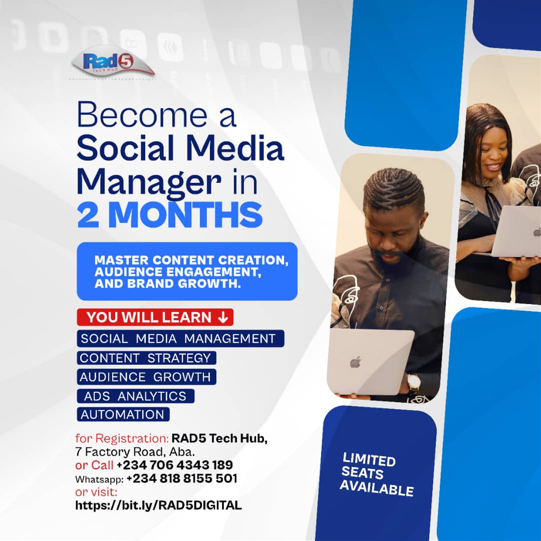 Social Media Management is an in-demand skill!

Learn how to create content, grow an audience &amp; run ads like a pro in just 2 months!
Virtual class | Limited slots available

Register now 👉 bit.ly/RAD5DIGITAL

#SocialMediaManagement #TechSkills #RAD5TechHub #OnlineLearning
