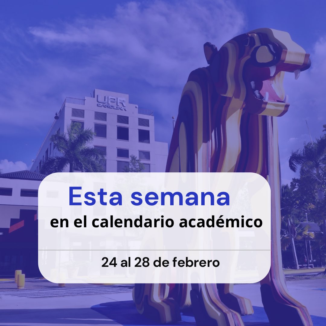 UPR Carolina Informa (@uprca_informa) on Twitter photo ESTA SEMANA EN EL CALENDARIO ACADÉMICO 
24 al 28 de febrero (lunes a viernes) 
Periodo para que los profesores notifiquen a sus estudiantes las calificaciones recibidas o el promedio obtenido en el curso, previo al periodo de bajas parciales. ESTA SEMANA EN EL CALENDARIO ACADÉMICO 
24 al 28 de febrero (lunes a viernes) 
Periodo para que los profesores notifiquen a sus estudiantes las calificaciones recibidas o el promedio obtenido en el curso, previo al periodo de bajas parciales.