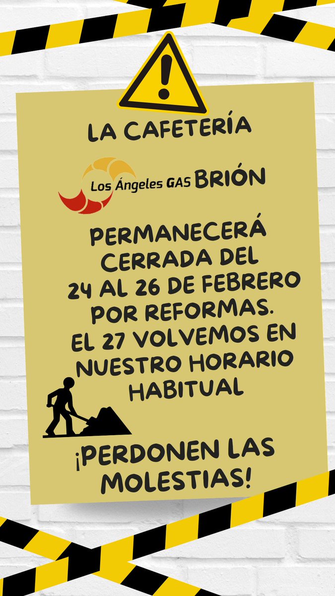 Recuerda: que la cafetería <a href="/LosAngelesGas/">Los Angeles Gas</a>  #Brión esté mejorando sus instalaciones y permanecerá cerrada hasta el jueves 27 de febrero 
Del mismo modo el lavadero de camiones mañana, martes 25 de febrero no estará operativo por mejoras: el miércoles retomara su horario habitual