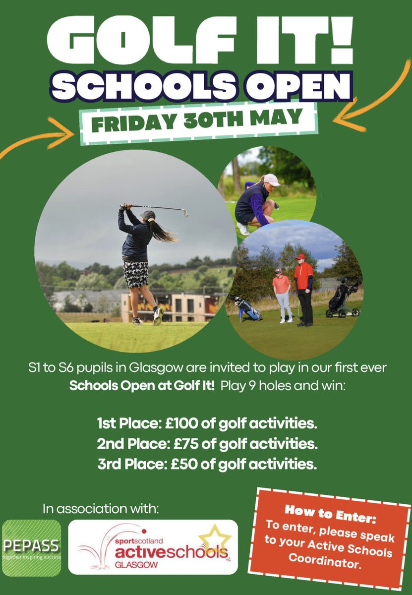 Robbie Kelly (@asgkingspark) on Twitter photo . <a href="/PEPASSGlasgow/">PEPASS Glasgow</a> & <a href="/Golfitglasgow/">Golfit!</a> schools open!
An exciting new event happening this year in partnership between Active Schools Glasgow and Golfit!
Any secondary aged pupils interested in taking part please speak to your Active Schools Coordinator !
<a href="/GolfItCavan/">Cavan Reilly</a> <a href="/ScottishGolf/">Scottish Golf</a> . <a href="/PEPASSGlasgow/">PEPASS Glasgow</a> & <a href="/Golfitglasgow/">Golfit!</a> schools open!
An exciting new event happening this year in partnership between Active Schools Glasgow and Golfit!
Any secondary aged pupils interested in taking part please speak to your Active Schools Coordinator !
<a href="/GolfItCavan/">Cavan Reilly</a> <a href="/ScottishGolf/">Scottish Golf</a>