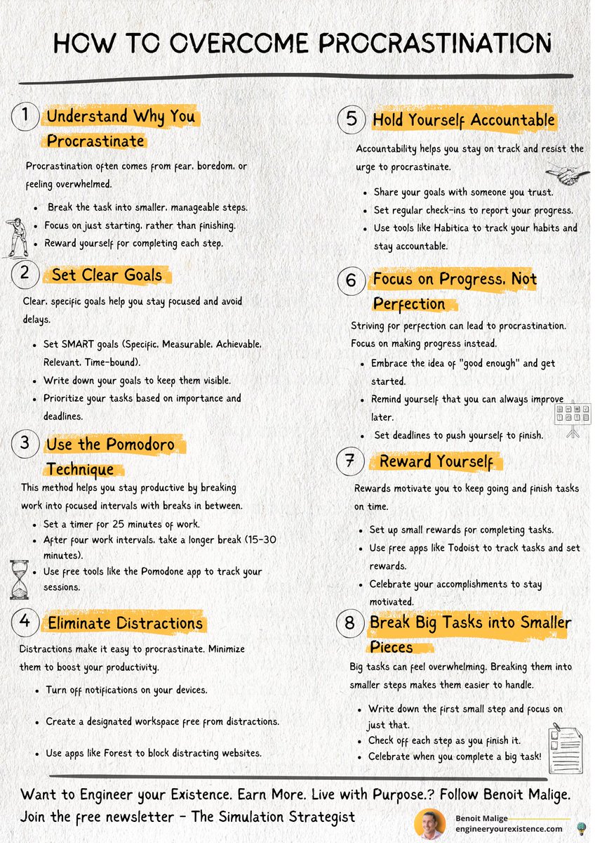 Procrastination can feel like a never ending cycle, but the good news is that you can break free from it. 

By understanding why you procrastinate and using simple strategies, you can boost your productivity and stay on track. 

Here are some effective ways to overcome