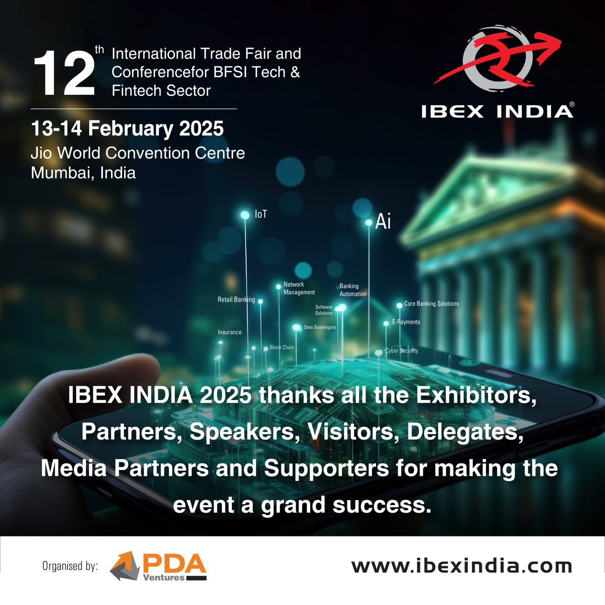 IBEXIndiaExpo's tweet image. 𝐀 𝐁𝐢𝐠 𝐓𝐡𝐚𝐧𝐤 𝐘𝐨𝐮 𝐭𝐨 𝐄𝐯𝐞𝐫𝐲𝐨𝐧𝐞 𝐖𝐡𝐨 𝐌𝐚𝐝𝐞 𝐈𝐁𝐄𝐗 𝐈𝐧𝐝𝐢𝐚 2025 𝐚 𝐆𝐫𝐚𝐧𝐝 𝐒𝐮𝐜𝐜𝐞𝐬𝐬! 

#IBEXIndia2025 #BFSITech #FintechInnovation #TechInBFSI #DigitalTransformation #ThankYou #EventSuccess #Gratitude #BFSICommunity #TechConference