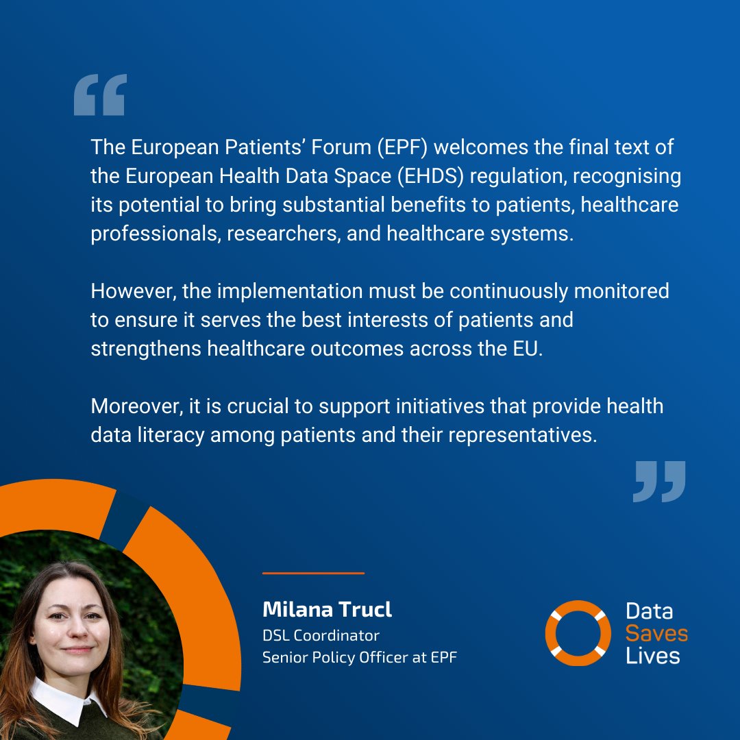 DataSavesLives (@datasaves_lives) on Twitter photo The #EHDS Regulation is expected to come into force in April, empowering patients with access to their #HealthData & enabling its use for research, among other purposes.
But how can Member States & the <a href="/EU_Commission/">European Commission</a> ensure a successful implementation? ➡️ bit.ly/3Q89Nnd The #EHDS Regulation is expected to come into force in April, empowering patients with access to their #HealthData & enabling its use for research, among other purposes.
But how can Member States & the <a href="/EU_Commission/">European Commission</a> ensure a successful implementation? ➡️ bit.ly/3Q89Nnd