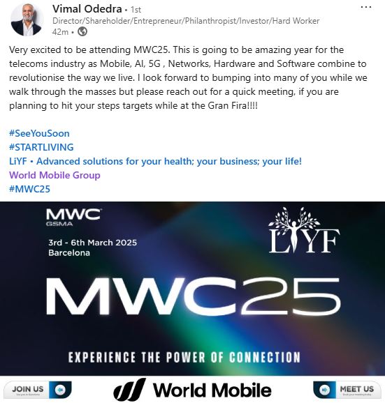 One of World Mobile's advisor (a high profile Telecommunications Specialist &amp; Anti-Fraud Expert) is going to strengthen World Mobile's presence at the world's largest telco conference <a href="/MWCHub/">MWC</a> 2025.

World Mobile is inevitable.

$WMTx