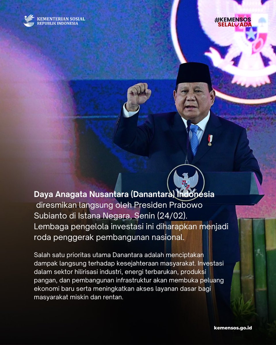 Presiden <a href="/prabowo/">Prabowo Subianto</a> Resmikan Danantara Indonesia! 🚀🇮🇩 

Danantara Indonesia adl lembaga investasi yang diharapkan menjadi penggerak pembangunan nasional dengan fokus pada hilirisasi industri, energi terbarukan, pangan, dan infrastruktur demi dampak nyata bagi kesejahteraan rakyat.