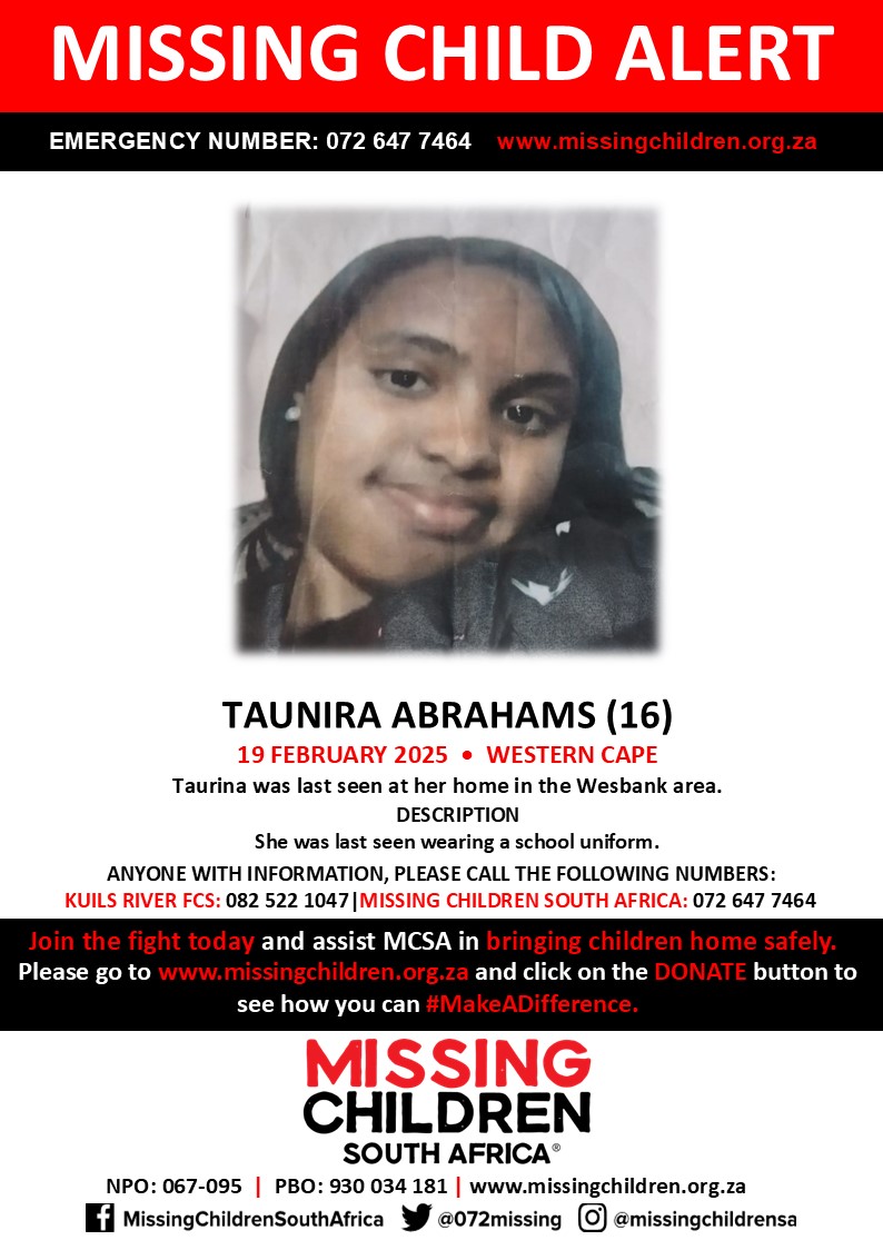 072MISSING's tweet image. #MCSAMissing 

Taunira Abrahams (16) was last seen 19 February 2025.

If you personally, or your company | or your place of work, would like to make a donation to #MCSA, please click here to donate: missingchildren.org.za/page/donate - Thank you