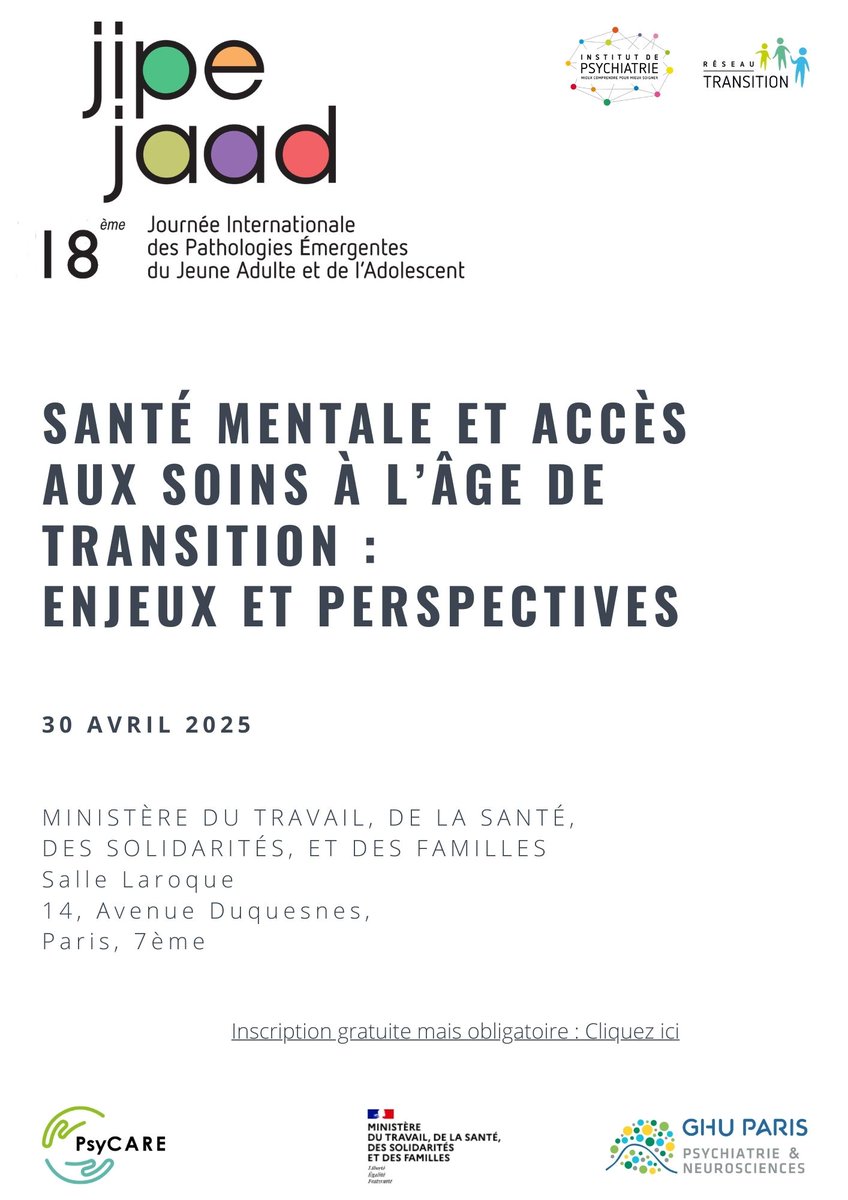 🚀 JIPEJAAD 2025 approche à grands pas ! 🎉🧠

🔔 Vous n’êtes pas encore inscrit.e ? Ne manquez pas l’événement phare sur la prévention et l’intervention précoce en santé mentale !

🎟️ Événement gratuit – Places limitées !
🔗 Inscrivez-vous ! ➡️ institutdepsychiatrie.org/jipejaad/