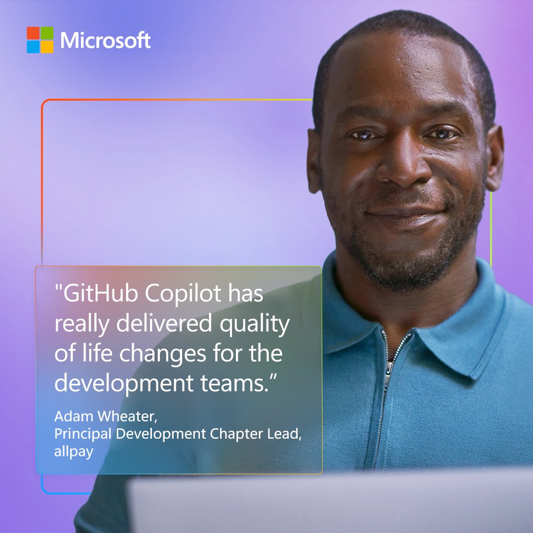 Microsoft UK (@microsoftuk) on Twitter photo The team at <a href="/allpayLimited/">allpay Limited</a> have recorded fantastic results from an enthusiastic adoption of GitHub Copilot, and it has delivered phenomenal efficiencies.
Read their full story: msft.it/6015ULWxW
#AzureUK #Copilot #DeveloperUK The team at <a href="/allpayLimited/">allpay Limited</a> have recorded fantastic results from an enthusiastic adoption of GitHub Copilot, and it has delivered phenomenal efficiencies.
Read their full story: msft.it/6015ULWxW
#AzureUK #Copilot #DeveloperUK