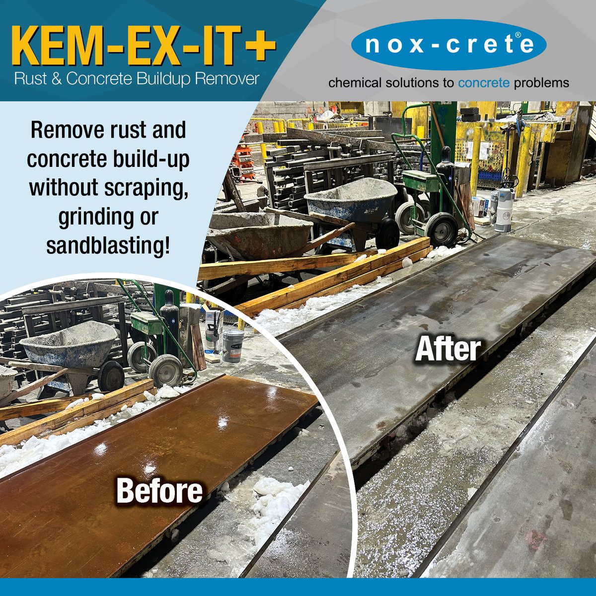 NoxCrete's tweet image. Tired of dealing with rust on #SteelForms? Skip the sandblasters and harsh chemicals—Kem-Ex-It Plus is the fast, effective solution you need. This ready-to-use #RustRemover chemically breaks down rust buildup, making it easy to rinse away with a power washer. 

#PrecastConcrete
