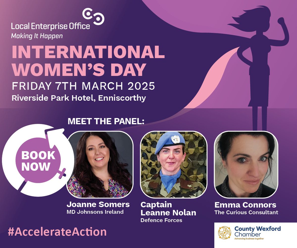 Incredible Panel Alert! 
Join us on Fri, 7th March at the Riverside Park Hotel, Enniscorthy for #IWD2025!
🔥 Captain Leanne Nolan, Defence Forces
 🔥 Joanne Somers, MD, Johnson’s Ireland
 🔥 Emma Connors, The Curious Consultant
💡 Insights. Inspiration. Action. Don’t miss out!