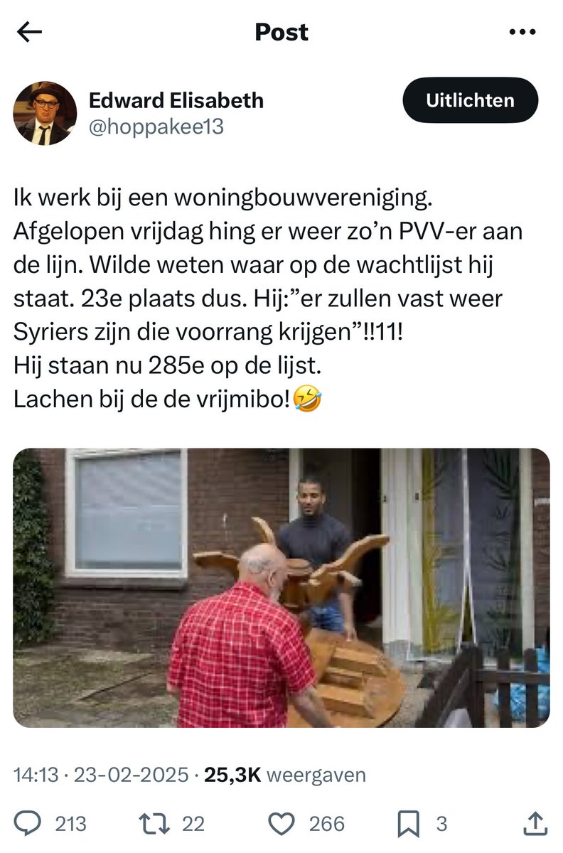 Ok, ik werk helemaal niet bij een woningbouwvereniging.
Maar bedankt PVV’ers voor jullie kostelijke reacties! Jullie gingen er met boter en suiker in en lieten je ware aard zien. Lachen!