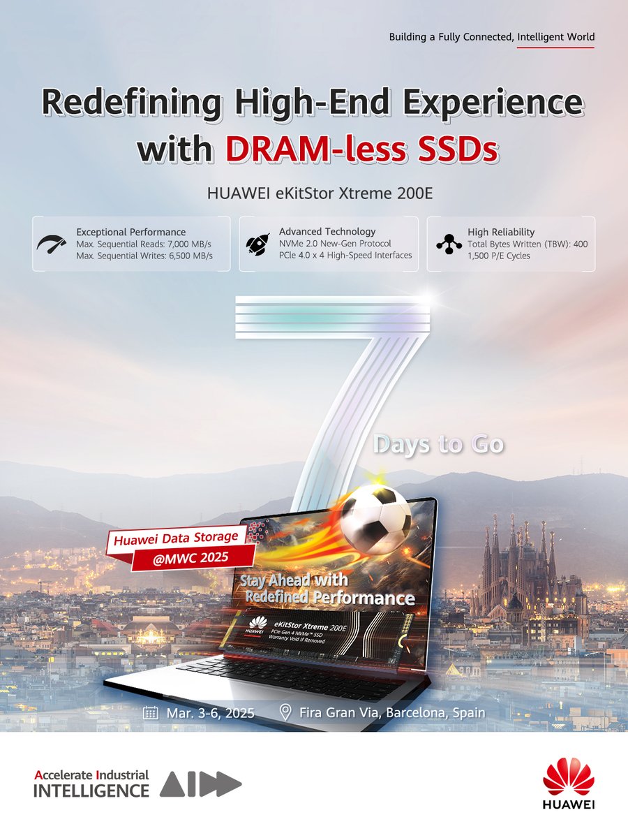 IT_Huawei's tweet photo. ⌛The countdown is on! With just 7️⃣ days until #MWC25, we can't wait to discuss how the Huawei #eKitStor Xtreme 200E with DRAM-less SSDs is changing the game—with exceptional performance, advanced protocols, and rock-solid reliability: https://t.co/CLRkK4PvCP and discover more at MWC25: https://t.co/WEHcRyrzbp 

#HuaweiStorage #data #innovation #tech #infrastructure
