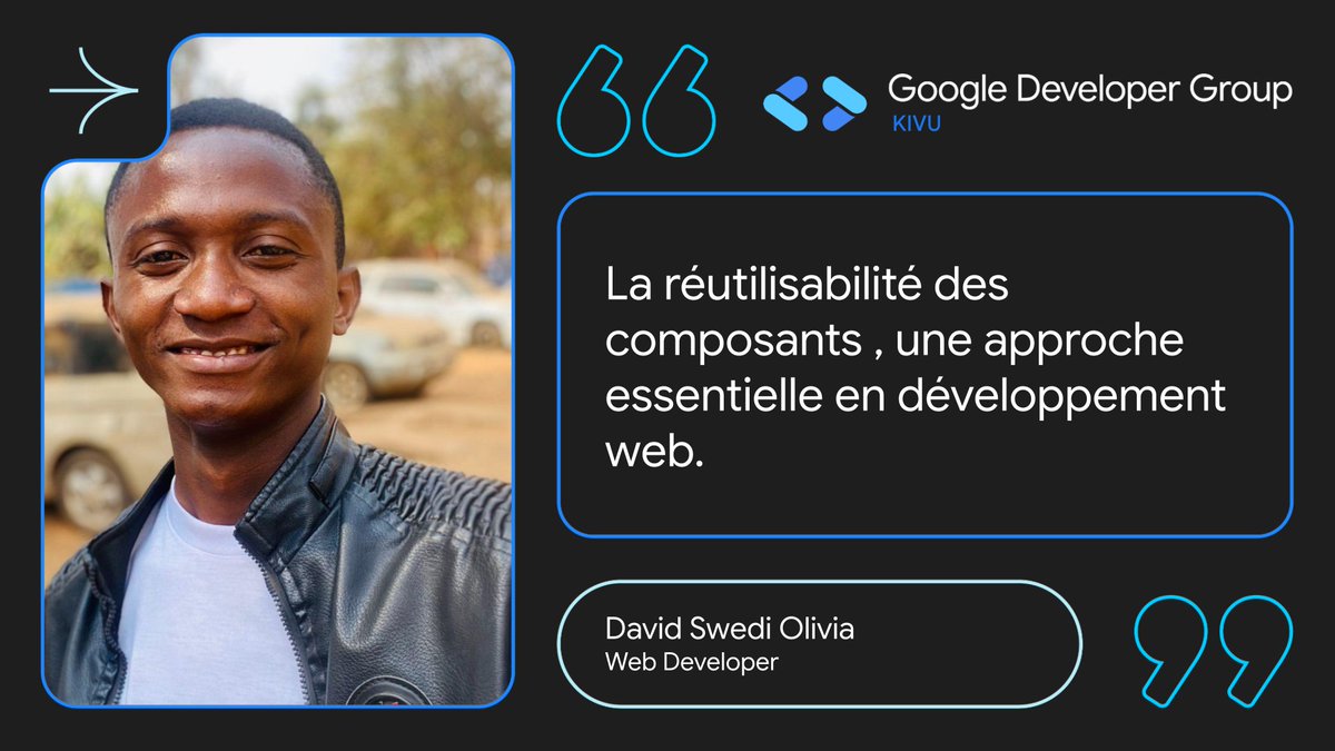 Retour des sessions hebdomadaires du GDG Kivu 🚀 !
Ce samedi à 20h30 (heure de Bukavu), <a href="/swedi_david/">David Swedi Olivia</a> , développeur Angular, nous présentera :
" La réutilisabilité des composants : une approche clé en développement web "
📌 Réservez votre place ici : bit.ly/4gS3vD3