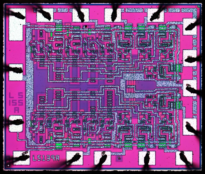 Ti 54LS139A - 3-to-8 Line Decoder/demultiplexer : weekend die-shot via
<a href="/Zeptobars/">Zeptobars</a>
<a href="/TXInstruments/">Texas Instruments</a>
#electronics #microscopy